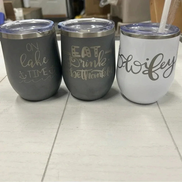 NWOT (LOT of 3) Engraved 12 oz Wine Tumblers White Gray - Picture 2 of 5